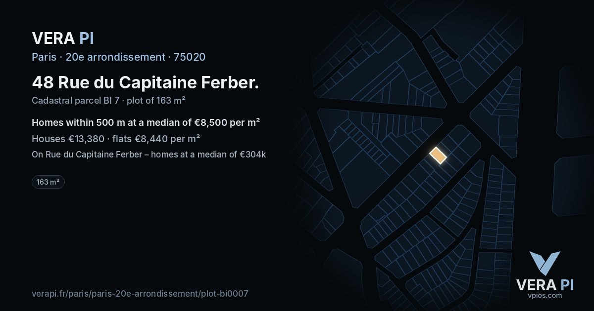 48 Rue du Capitaine Ferber, 20e arrondissement at night – the plot lit, the parcels around coloured by the prices near them