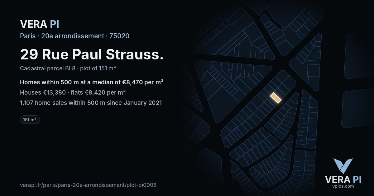 29 Rue Paul Strauss, 20e arrondissement at night – the plot lit, the parcels around coloured by the prices near them
