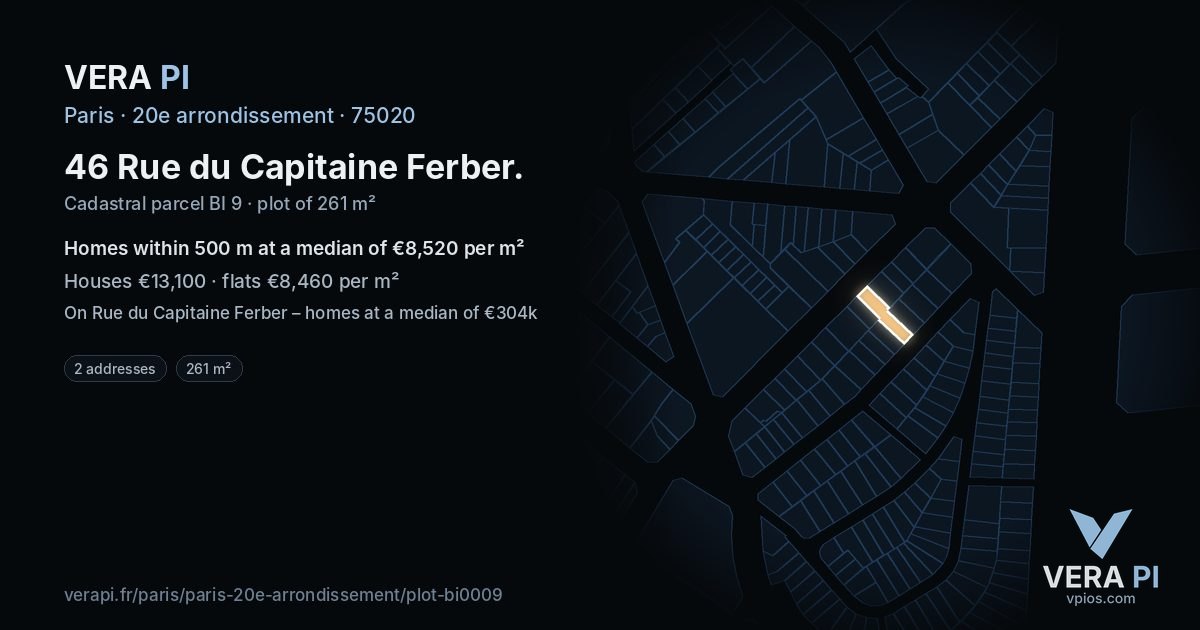 46 Rue du Capitaine Ferber, 20e arrondissement at night – the plot lit, the parcels around coloured by the prices near them
