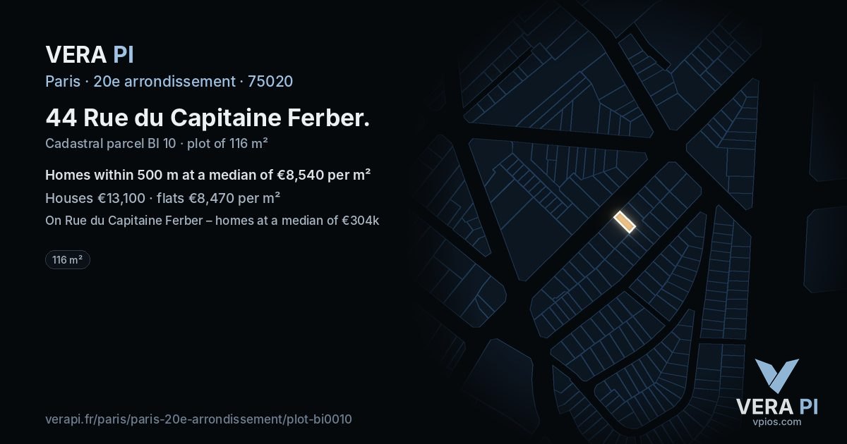 44 Rue du Capitaine Ferber, 20e arrondissement at night – the plot lit, the parcels around coloured by the prices near them