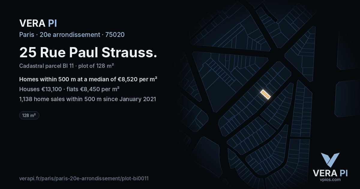 25 Rue Paul Strauss, 20e arrondissement at night – the plot lit, the parcels around coloured by the prices near them