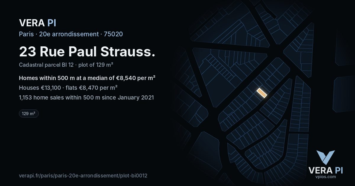 23 Rue Paul Strauss, 20e arrondissement at night – the plot lit, the parcels around coloured by the prices near them