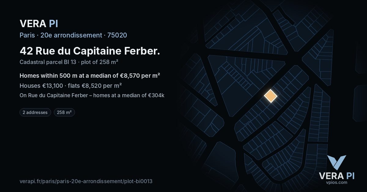 42 Rue du Capitaine Ferber, 20e arrondissement at night – the plot lit, the parcels around coloured by the prices near them