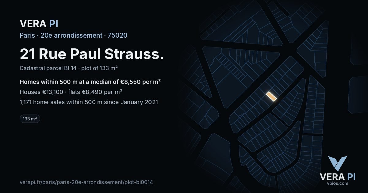 21 Rue Paul Strauss, 20e arrondissement at night – the plot lit, the parcels around coloured by the prices near them