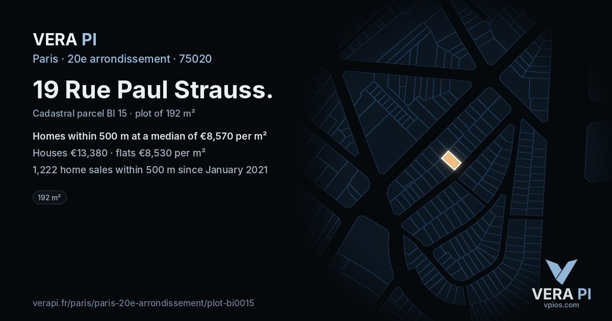 19 Rue Paul Strauss, 20e arrondissement at night – the plot lit, the parcels around coloured by the prices near them