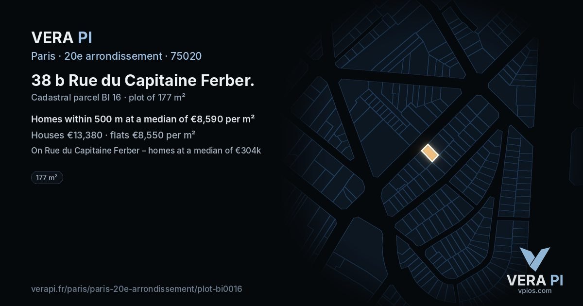 38 b Rue du Capitaine Ferber, 20e arrondissement at night – the plot lit, the parcels around coloured by the prices near them