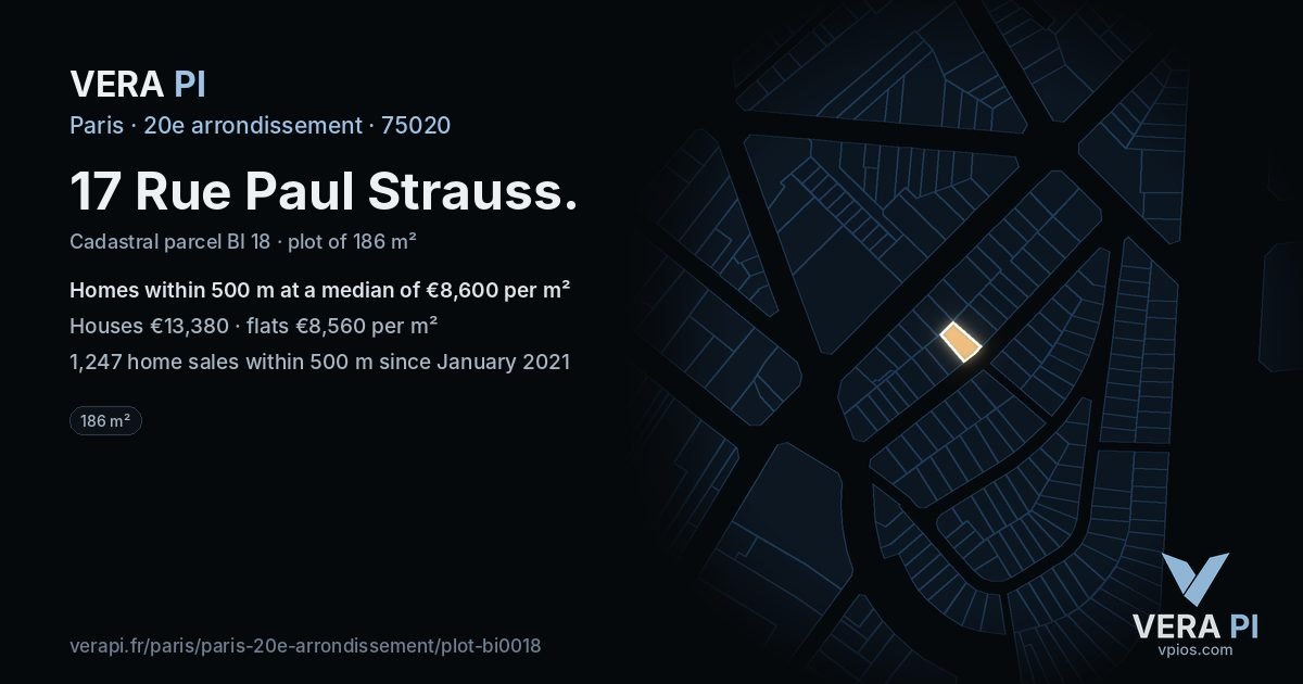 17 Rue Paul Strauss, 20e arrondissement at night – the plot lit, the parcels around coloured by the prices near them