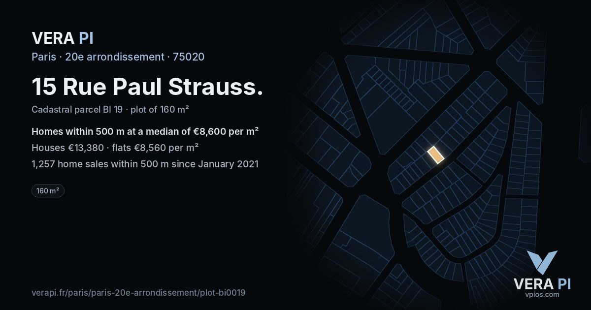 15 Rue Paul Strauss, 20e arrondissement at night – the plot lit, the parcels around coloured by the prices near them