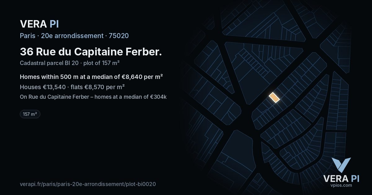 36 Rue du Capitaine Ferber, 20e arrondissement at night – the plot lit, the parcels around coloured by the prices near them