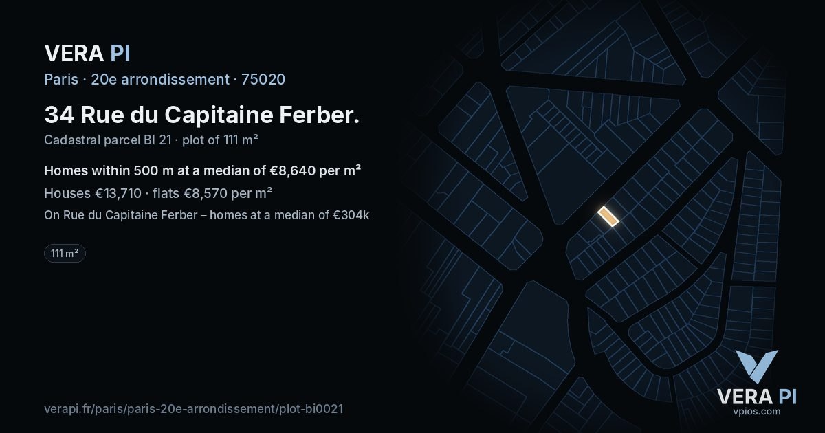 34 Rue du Capitaine Ferber, 20e arrondissement at night – the plot lit, the parcels around coloured by the prices near them