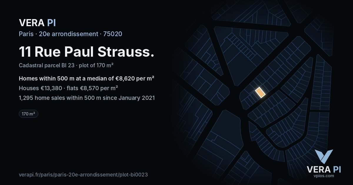11 Rue Paul Strauss, 20e arrondissement at night – the plot lit, the parcels around coloured by the prices near them