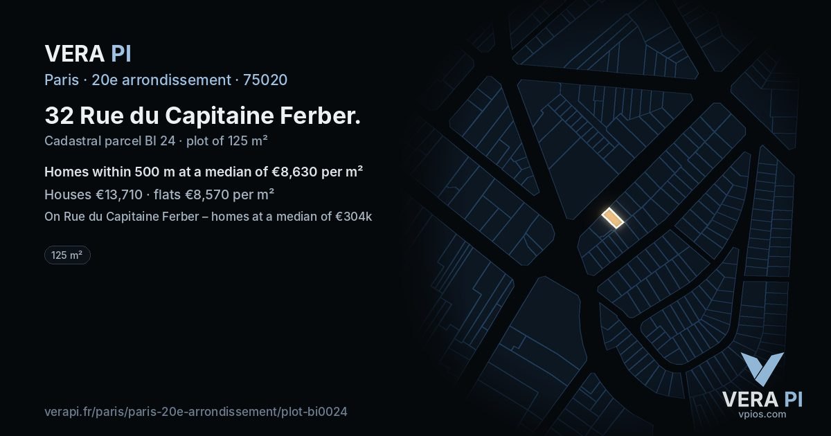 32 Rue du Capitaine Ferber, 20e arrondissement at night – the plot lit, the parcels around coloured by the prices near them