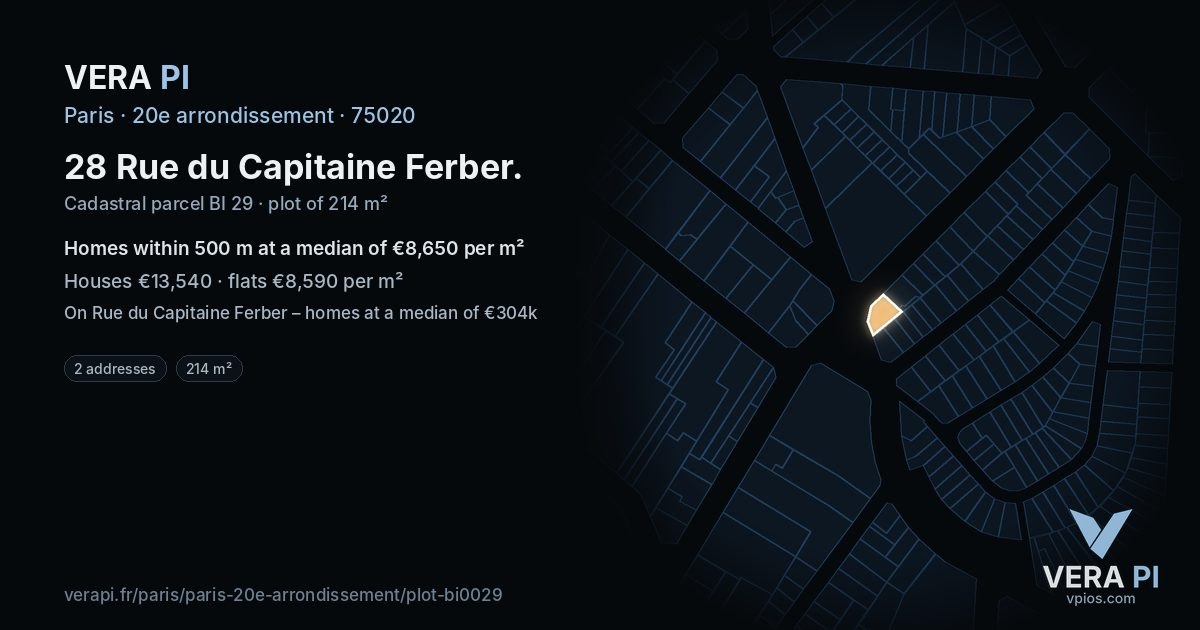 28 Rue du Capitaine Ferber, 20e arrondissement at night – the plot lit, the parcels around coloured by the prices near them