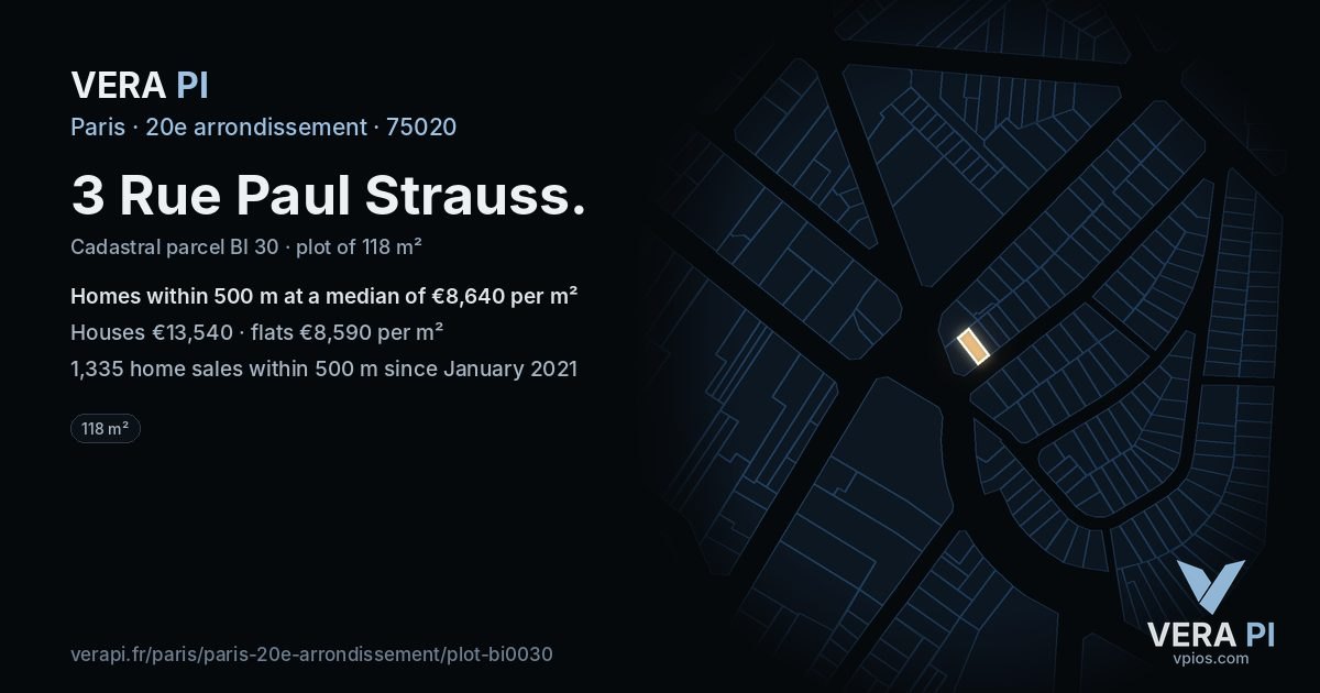 3 Rue Paul Strauss, 20e arrondissement at night – the plot lit, the parcels around coloured by the prices near them