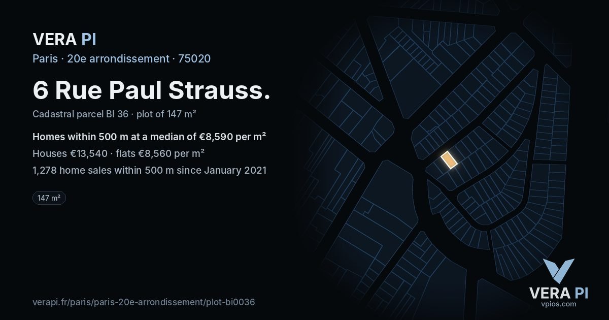 6 Rue Paul Strauss, 20e arrondissement at night – the plot lit, the parcels around coloured by the prices near them