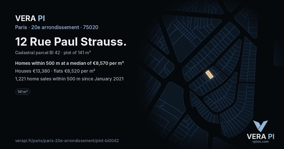 12 Rue Paul Strauss, 20e arrondissement at night – the plot lit, the parcels around coloured by the prices near them