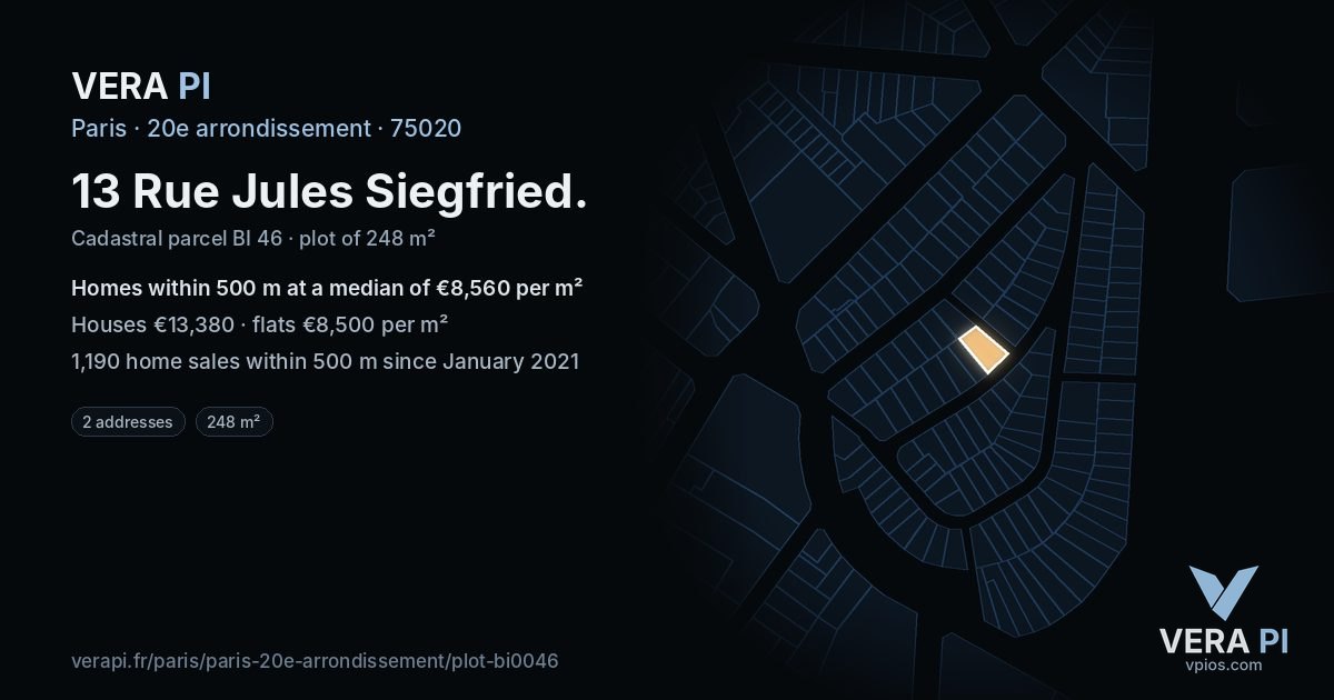 13 Rue Jules Siegfried, 20e arrondissement at night – the plot lit, the parcels around coloured by the prices near them