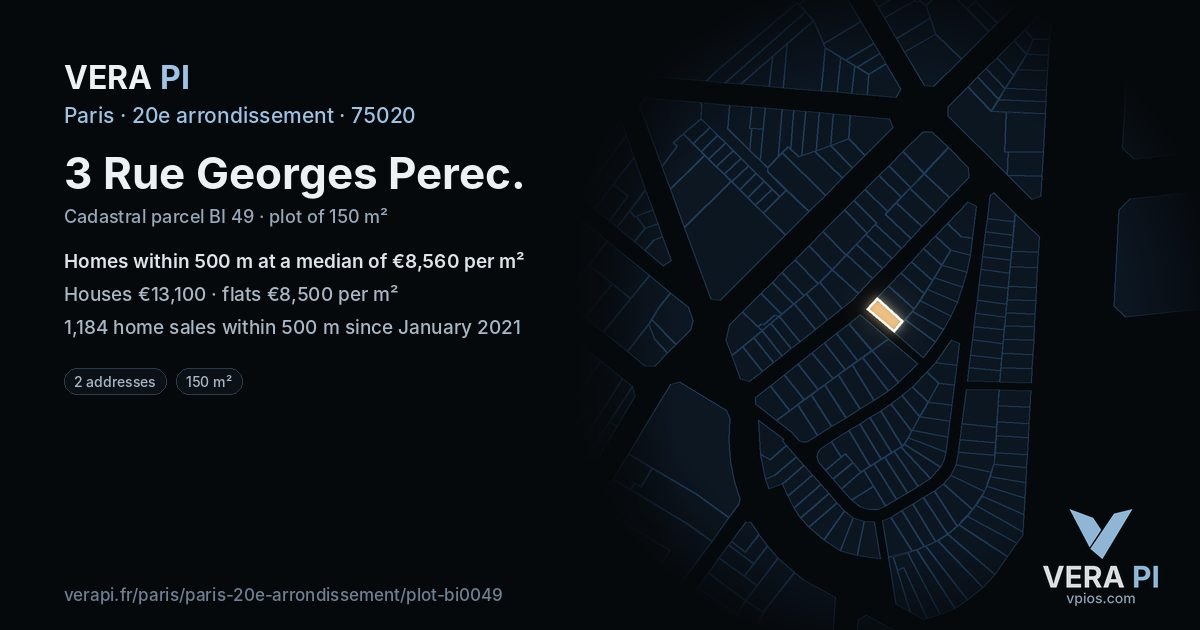 3 Rue Georges Perec, 20e arrondissement at night – the plot lit, the parcels around coloured by the prices near them