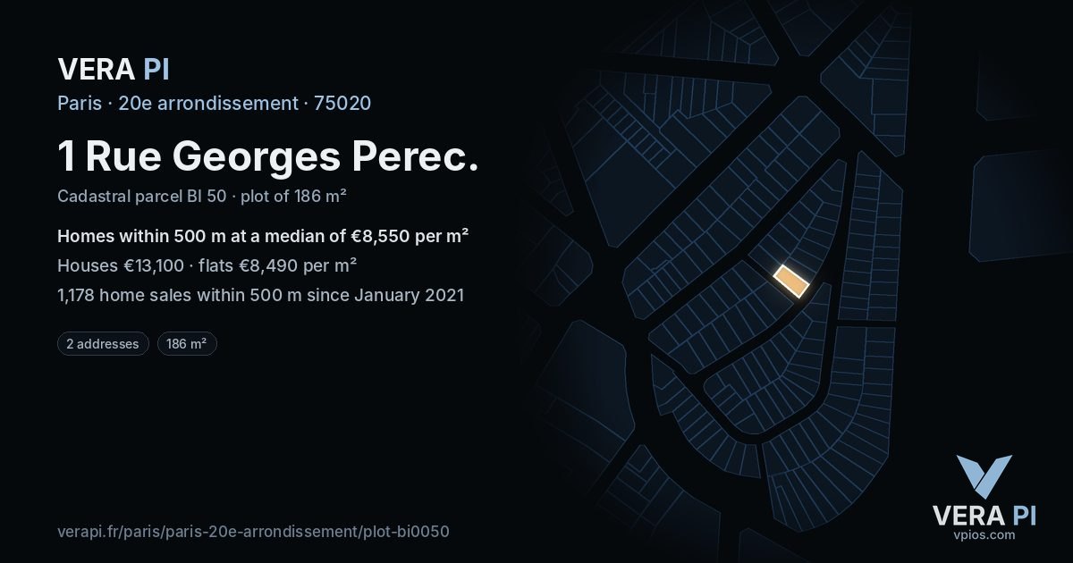 1 Rue Georges Perec, 20e arrondissement at night – the plot lit, the parcels around coloured by the prices near them