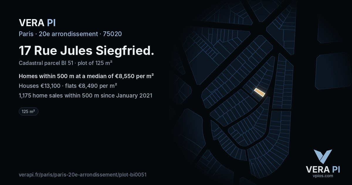 17 Rue Jules Siegfried, 20e arrondissement at night – the plot lit, the parcels around coloured by the prices near them