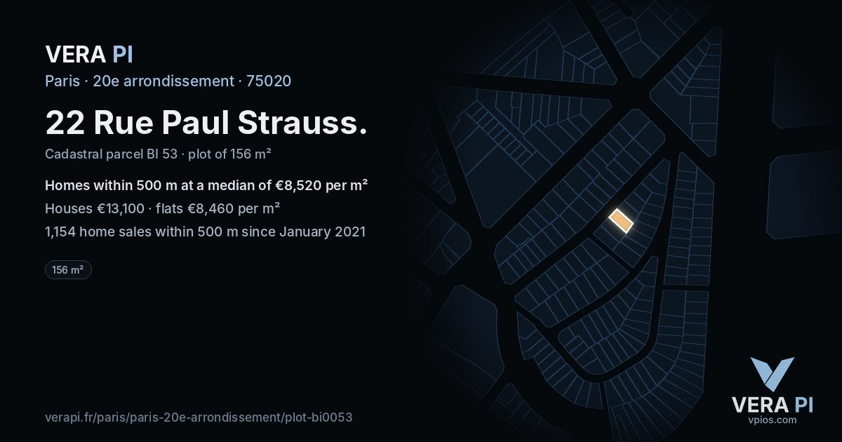 22 Rue Paul Strauss, 20e arrondissement at night – the plot lit, the parcels around coloured by the prices near them