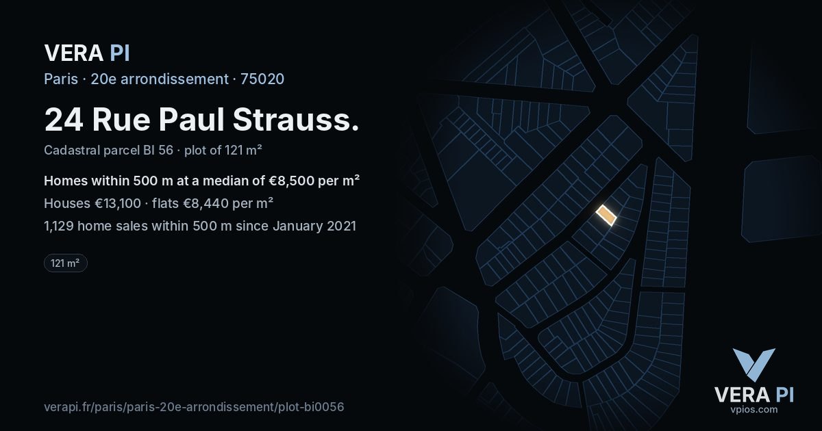 24 Rue Paul Strauss, 20e arrondissement at night – the plot lit, the parcels around coloured by the prices near them