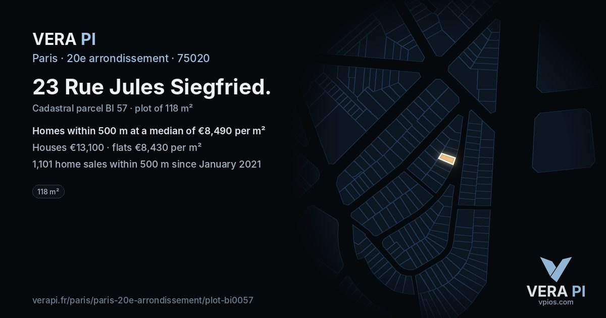23 Rue Jules Siegfried, 20e arrondissement at night – the plot lit, the parcels around coloured by the prices near them