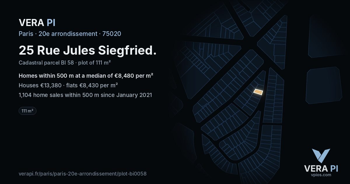 25 Rue Jules Siegfried, 20e arrondissement at night – the plot lit, the parcels around coloured by the prices near them