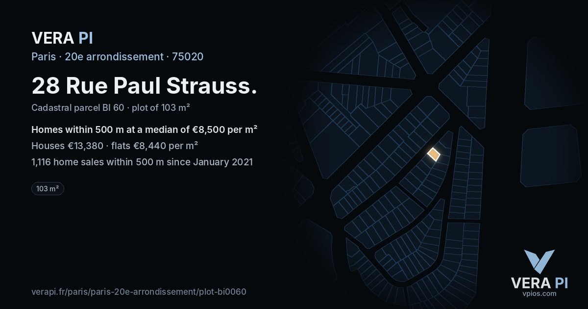 28 Rue Paul Strauss, 20e arrondissement at night – the plot lit, the parcels around coloured by the prices near them