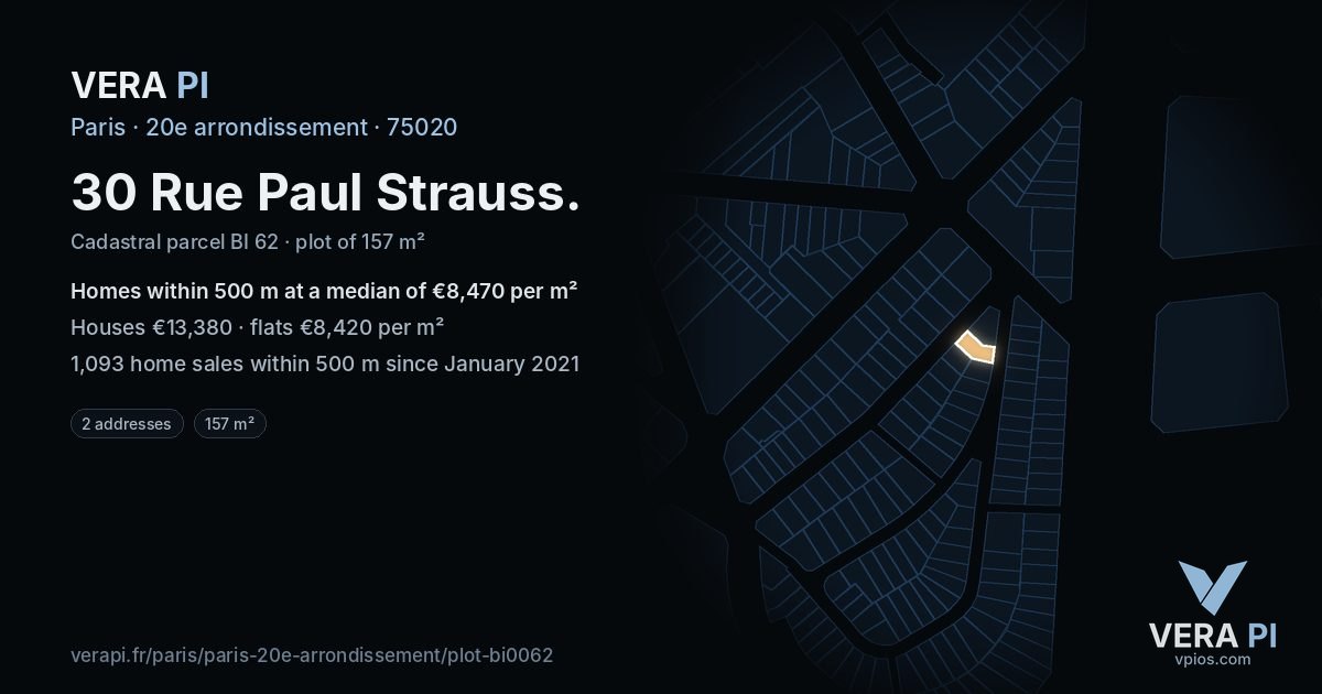 30 Rue Paul Strauss, 20e arrondissement at night – the plot lit, the parcels around coloured by the prices near them