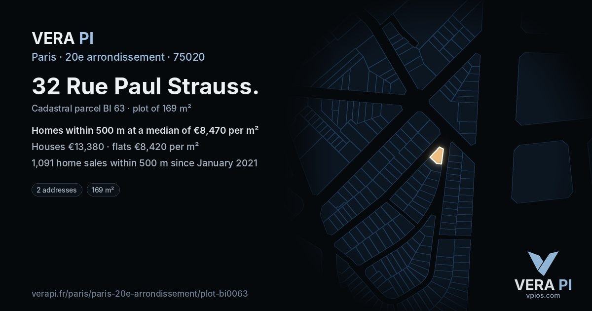 32 Rue Paul Strauss, 20e arrondissement at night – the plot lit, the parcels around coloured by the prices near them