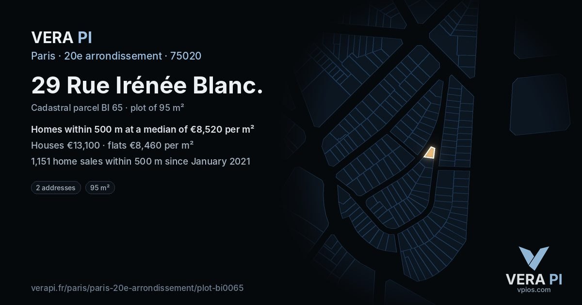 29 Rue Irénée Blanc, 20e arrondissement at night – the plot lit, the parcels around coloured by the prices near them