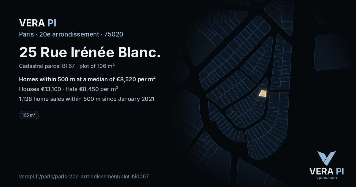 25 Rue Irénée Blanc, 20e arrondissement at night – the plot lit, the parcels around coloured by the prices near them