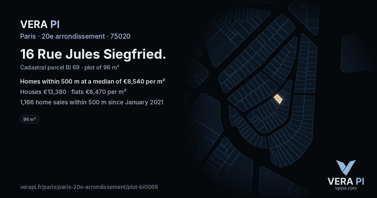 16 Rue Jules Siegfried, 20e arrondissement at night – the plot lit, the parcels around coloured by the prices near them
