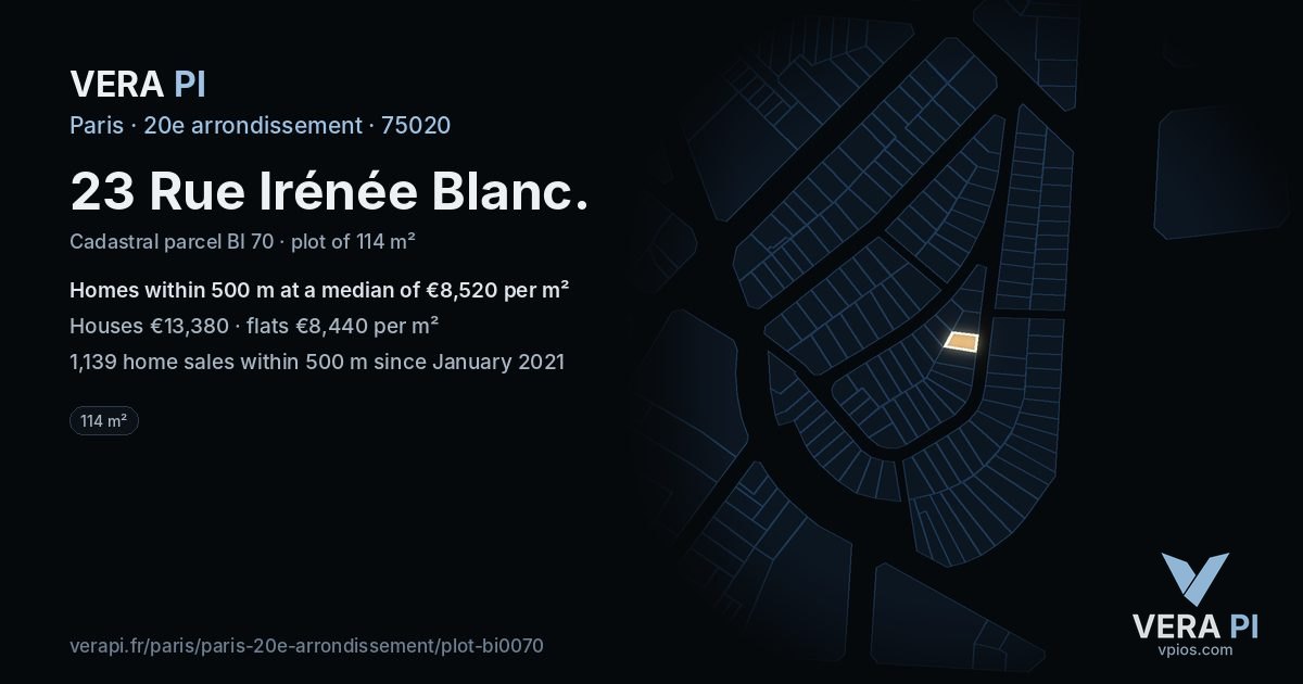 23 Rue Irénée Blanc, 20e arrondissement at night – the plot lit, the parcels around coloured by the prices near them