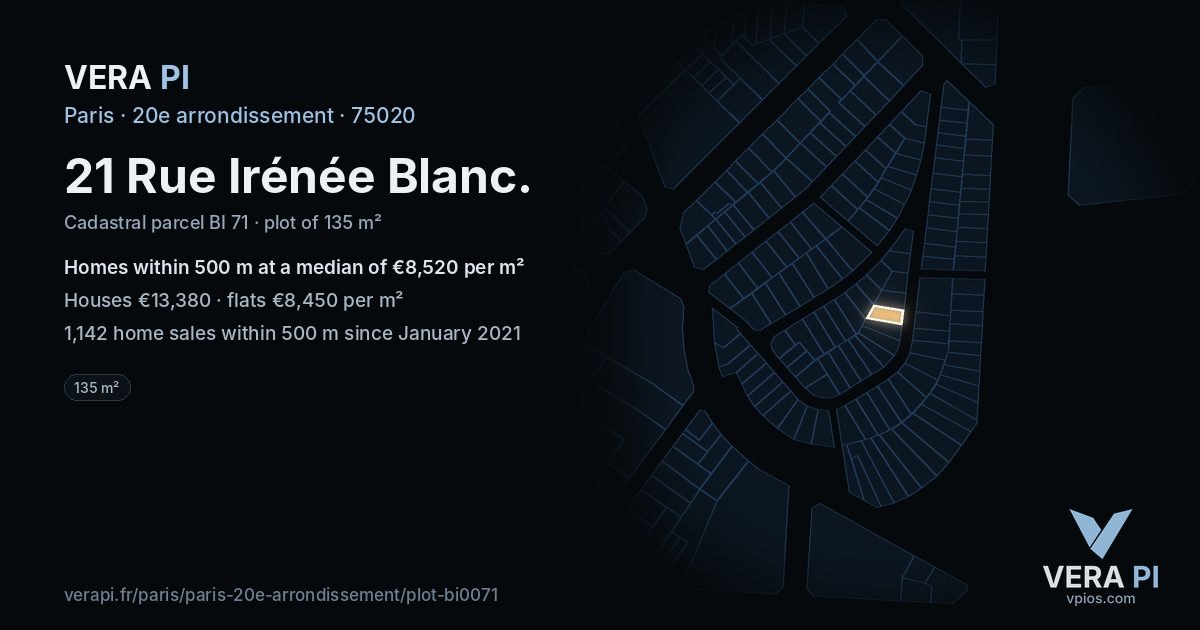 21 Rue Irénée Blanc, 20e arrondissement at night – the plot lit, the parcels around coloured by the prices near them