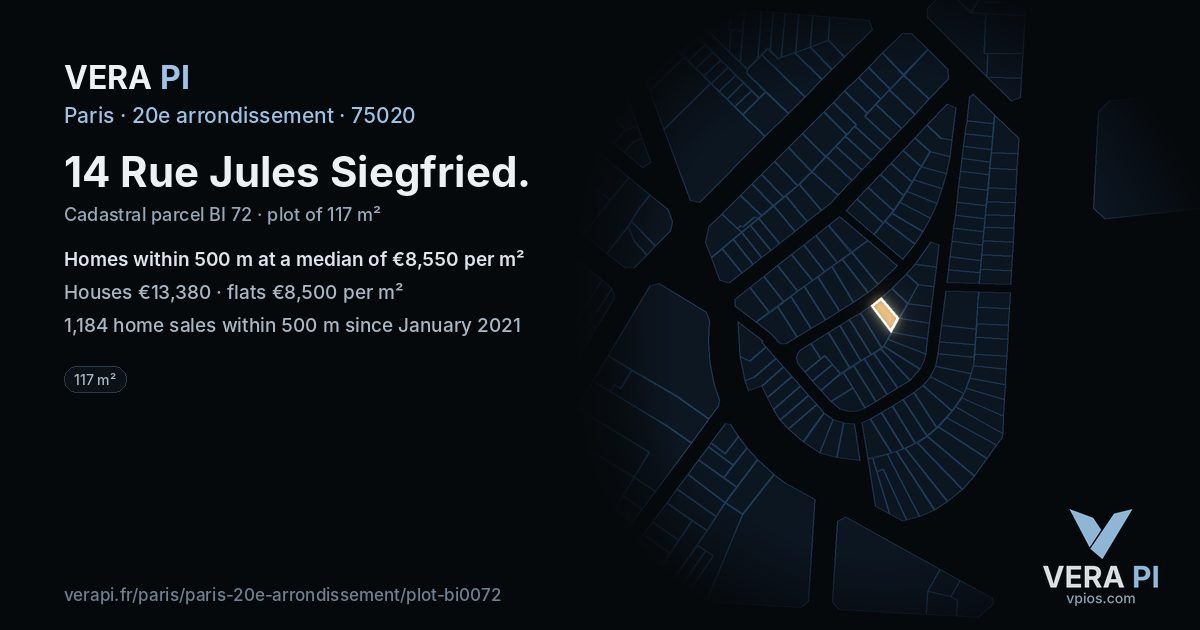 14 Rue Jules Siegfried, 20e arrondissement at night – the plot lit, the parcels around coloured by the prices near them
