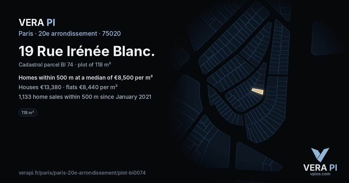 19 Rue Irénée Blanc, 20e arrondissement at night – the plot lit, the parcels around coloured by the prices near them