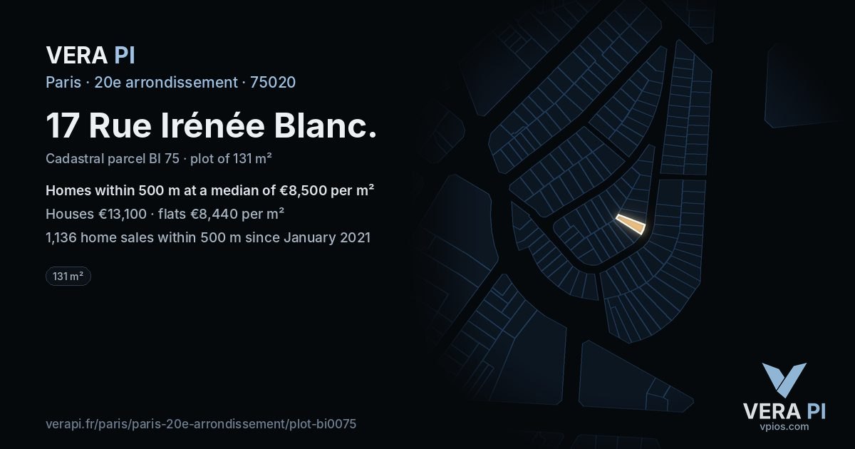 17 Rue Irénée Blanc, 20e arrondissement at night – the plot lit, the parcels around coloured by the prices near them