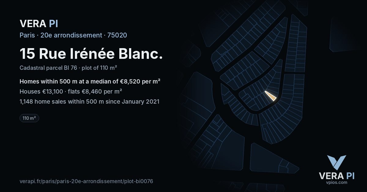 15 Rue Irénée Blanc, 20e arrondissement at night – the plot lit, the parcels around coloured by the prices near them