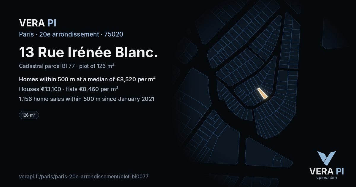 13 Rue Irénée Blanc, 20e arrondissement at night – the plot lit, the parcels around coloured by the prices near them