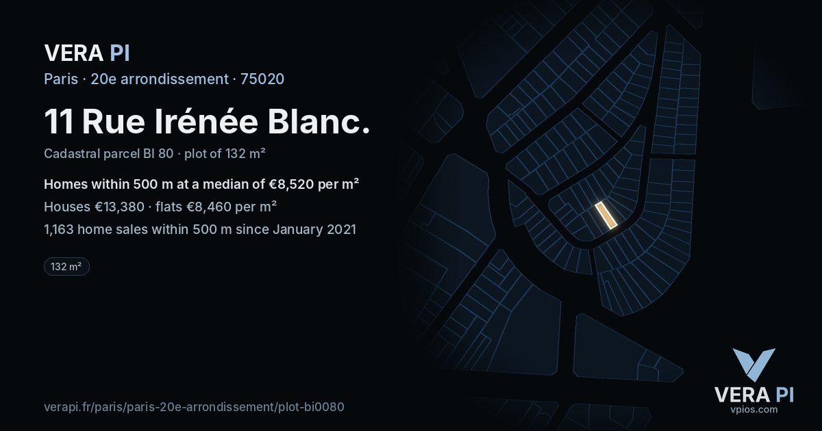 11 Rue Irénée Blanc, 20e arrondissement at night – the plot lit, the parcels around coloured by the prices near them