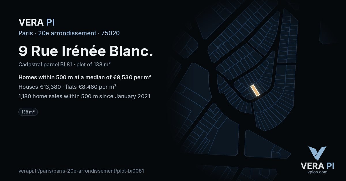 9 Rue Irénée Blanc, 20e arrondissement at night – the plot lit, the parcels around coloured by the prices near them