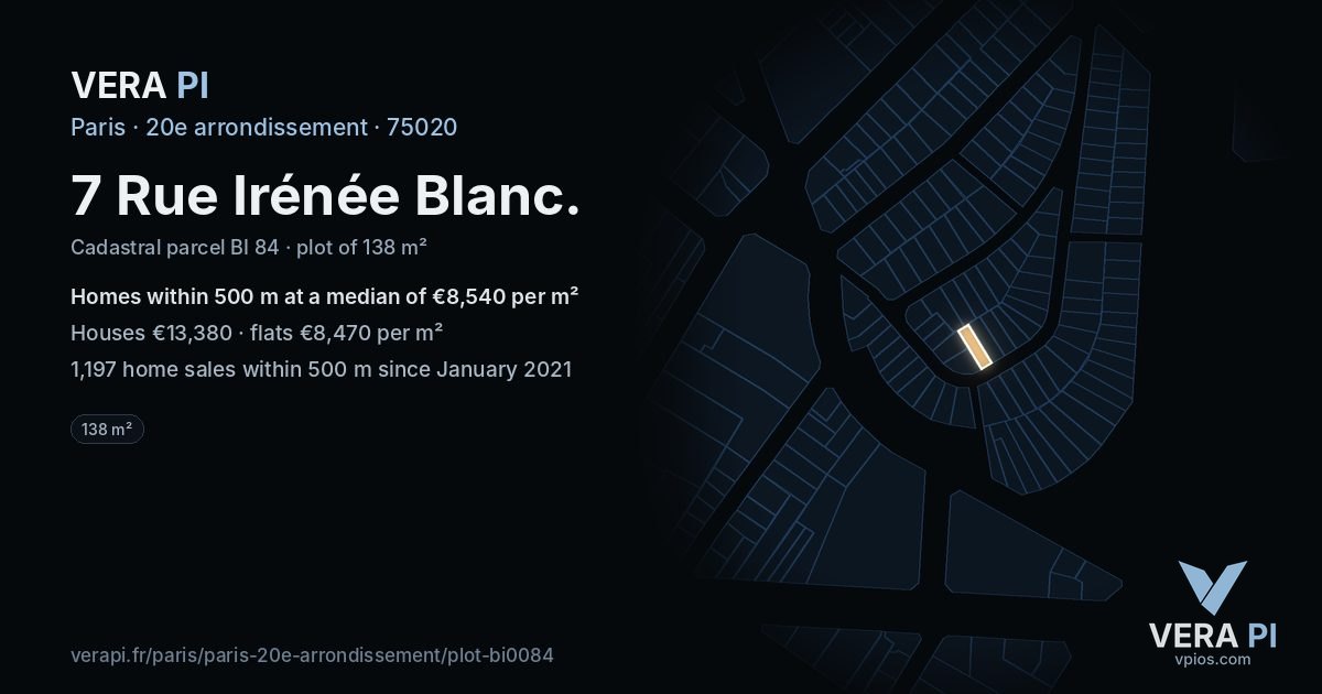 7 Rue Irénée Blanc, 20e arrondissement at night – the plot lit, the parcels around coloured by the prices near them