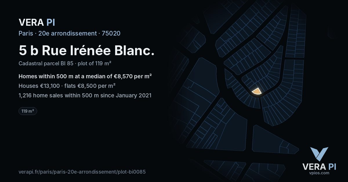 5 b Rue Irénée Blanc, 20e arrondissement at night – the plot lit, the parcels around coloured by the prices near them