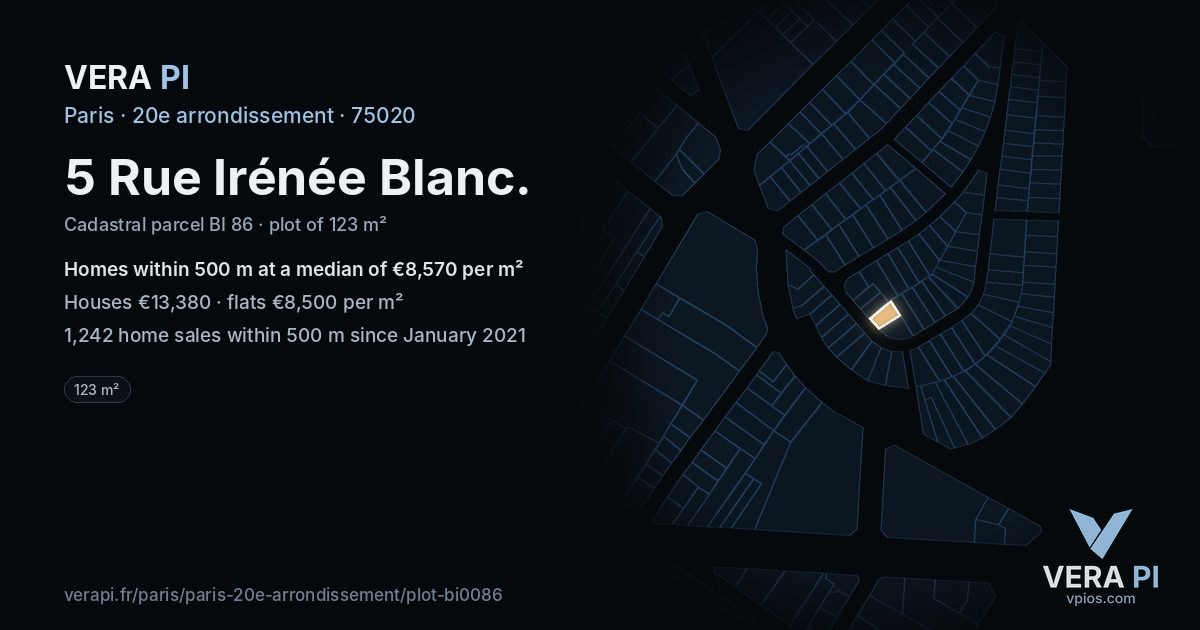 5 Rue Irénée Blanc, 20e arrondissement at night – the plot lit, the parcels around coloured by the prices near them