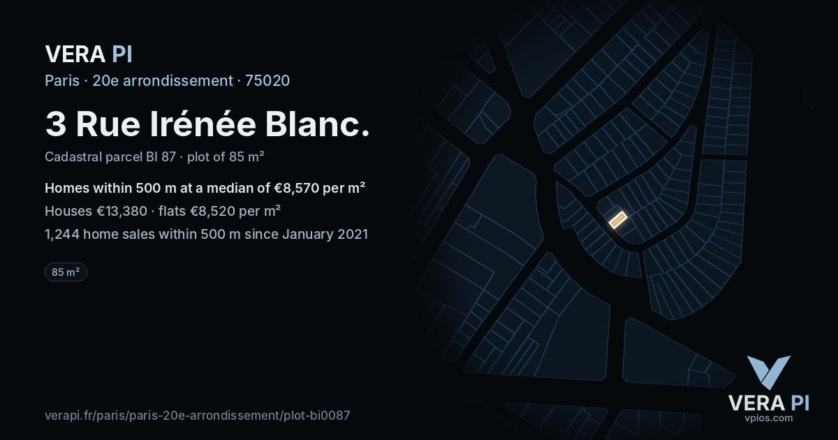 3 Rue Irénée Blanc, 20e arrondissement at night – the plot lit, the parcels around coloured by the prices near them