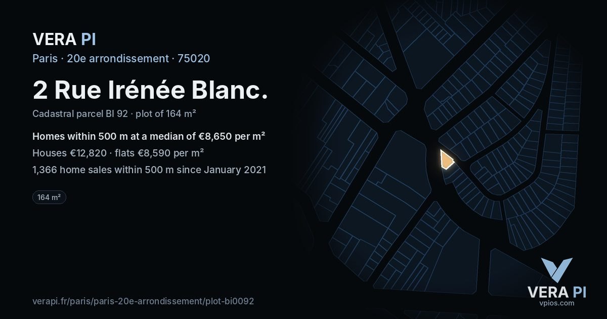 2 Rue Irénée Blanc, 20e arrondissement at night – the plot lit, the parcels around coloured by the prices near them