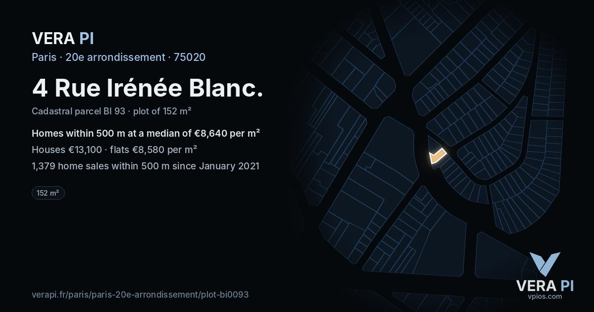 4 Rue Irénée Blanc, 20e arrondissement at night – the plot lit, the parcels around coloured by the prices near them