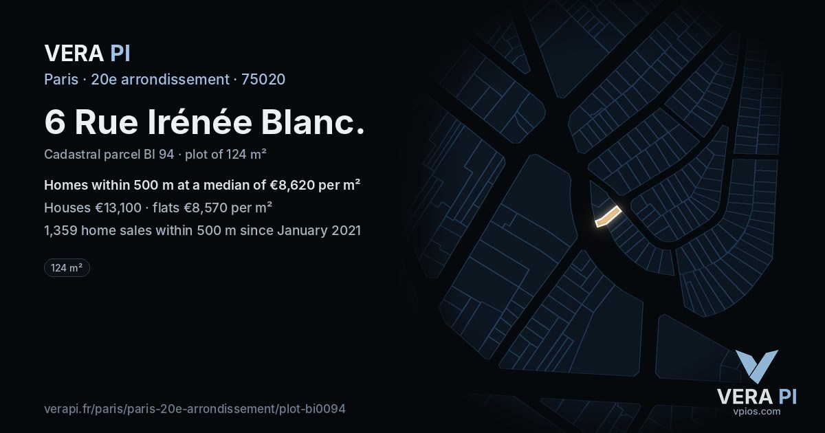 6 Rue Irénée Blanc, 20e arrondissement at night – the plot lit, the parcels around coloured by the prices near them